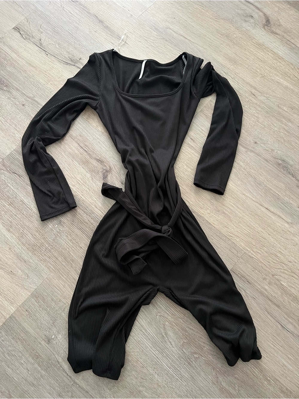 Black Long-Sleeve Square-Neck Jumpsuit with Waist Tie